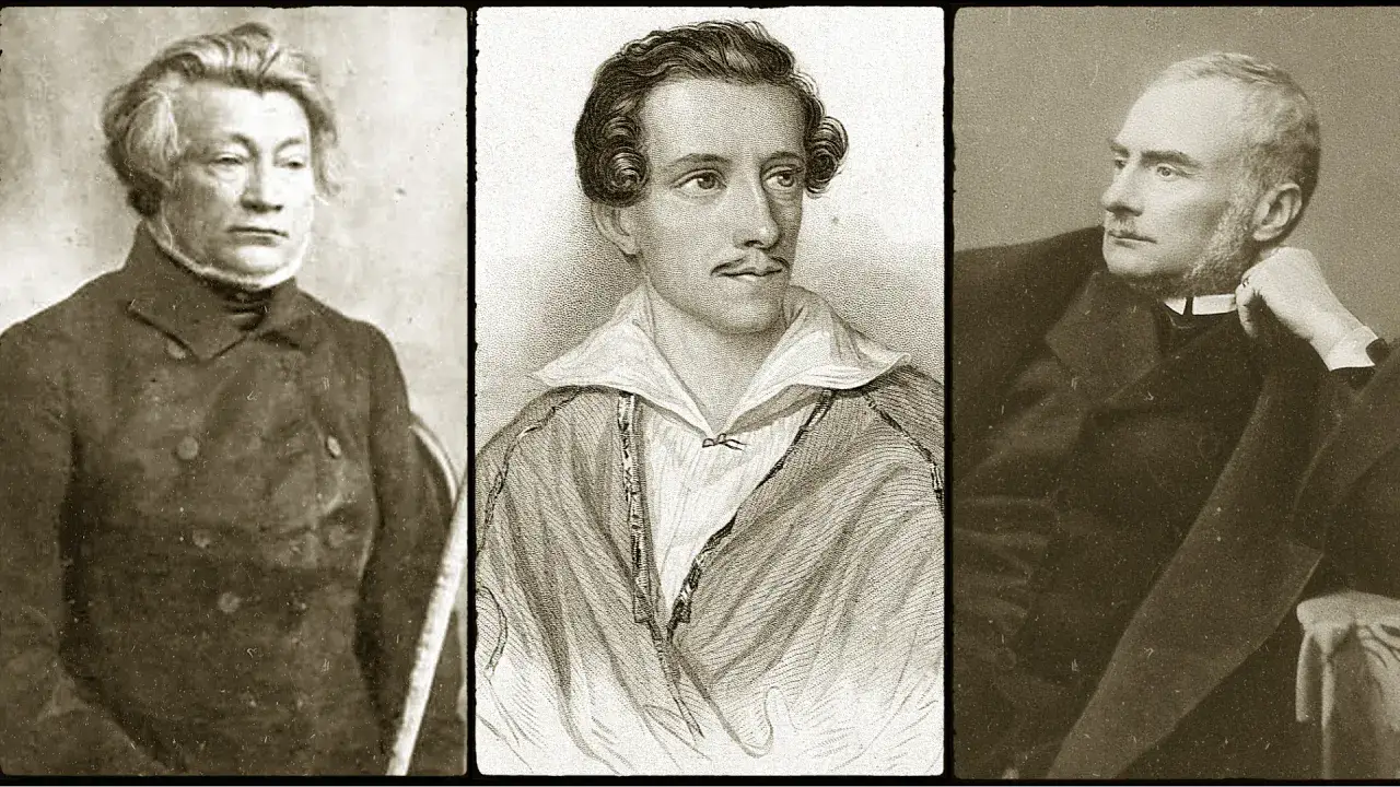 Trzech mężczyzn w strojach z epoki. Środkowy portret oddaje romantyczność Adama Mickiewicza, z burzą loków i zamyślonym spojrzeniem.