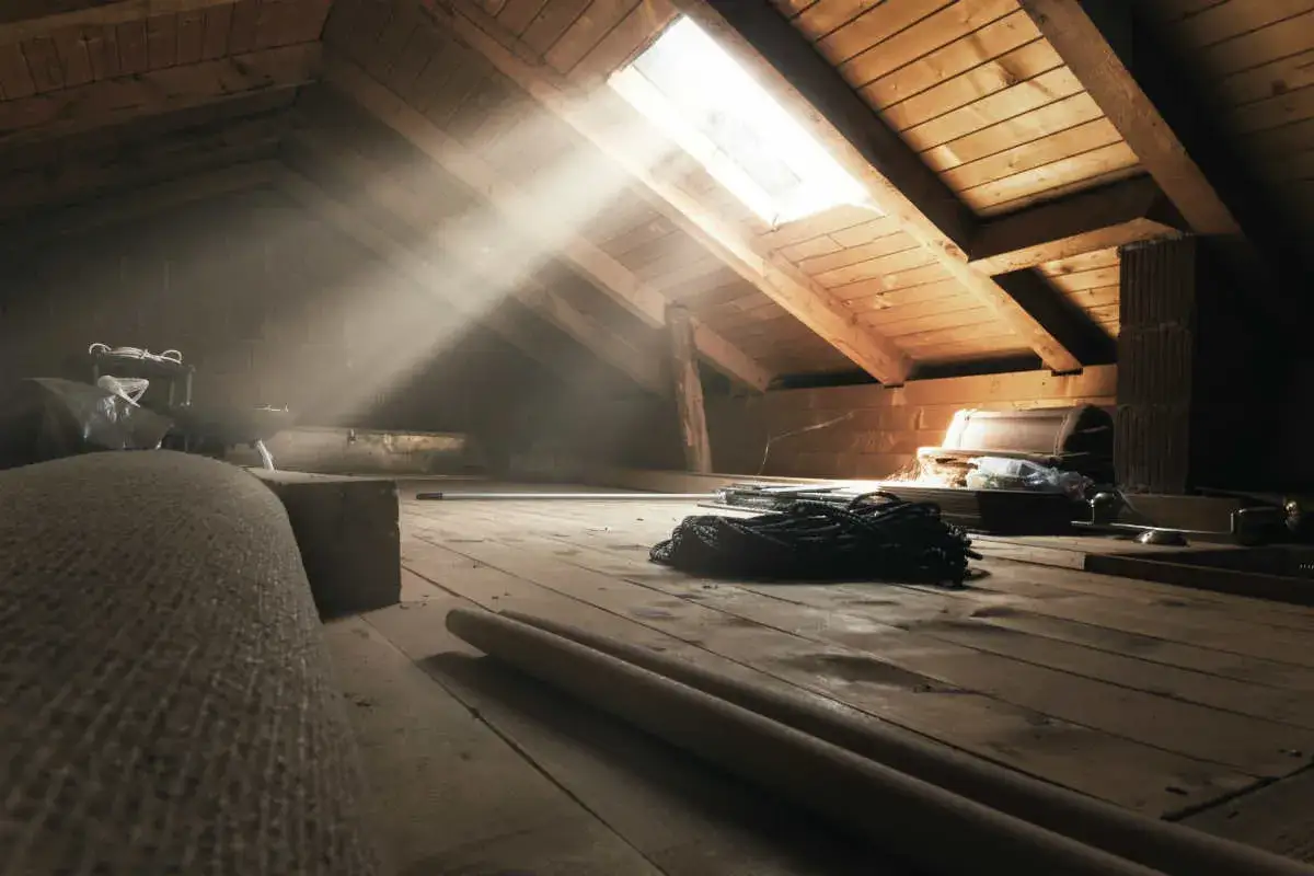 Raggi di sole illuminano un sottotetto non abitabile, con travi in legno, un lucernario e vari oggetti accatastati.