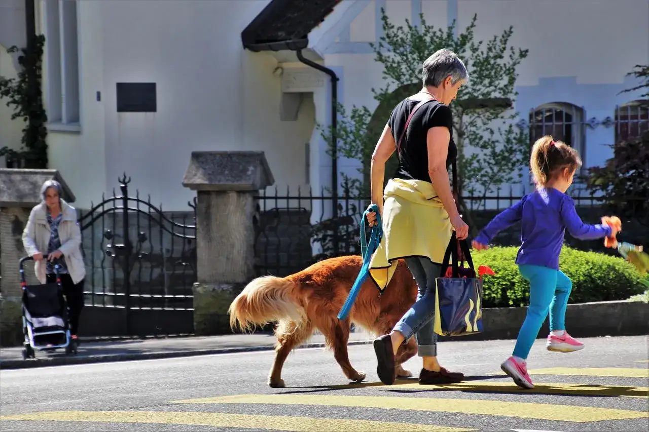 Una mujer pasea a su perro, que se queda parado en la calle, mientras una ni&ntilde;a corre delante.