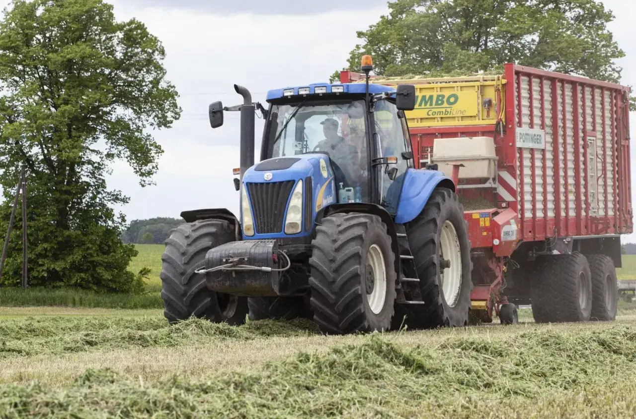 Niebieski traktor z przyczepą zbiera zielonkę na polu. Rolnik wie, co opłaca się uprawiać, by mieć dobre plony.