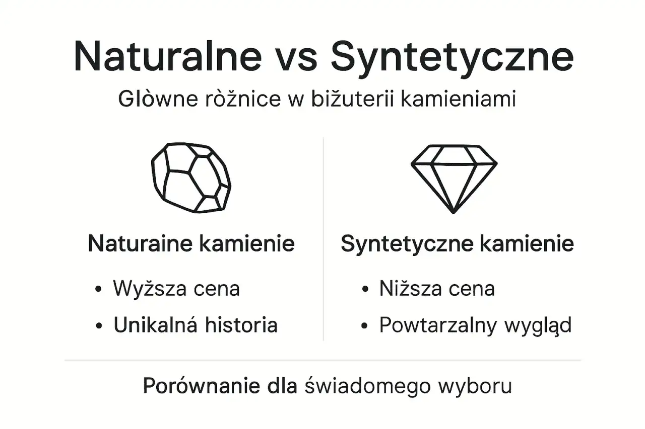 Porównanie naturalnych i syntetycznych kamieni szlachetnych: wyższa cena i unikalna historia vs niższa cena i powtarzalny wygląd.