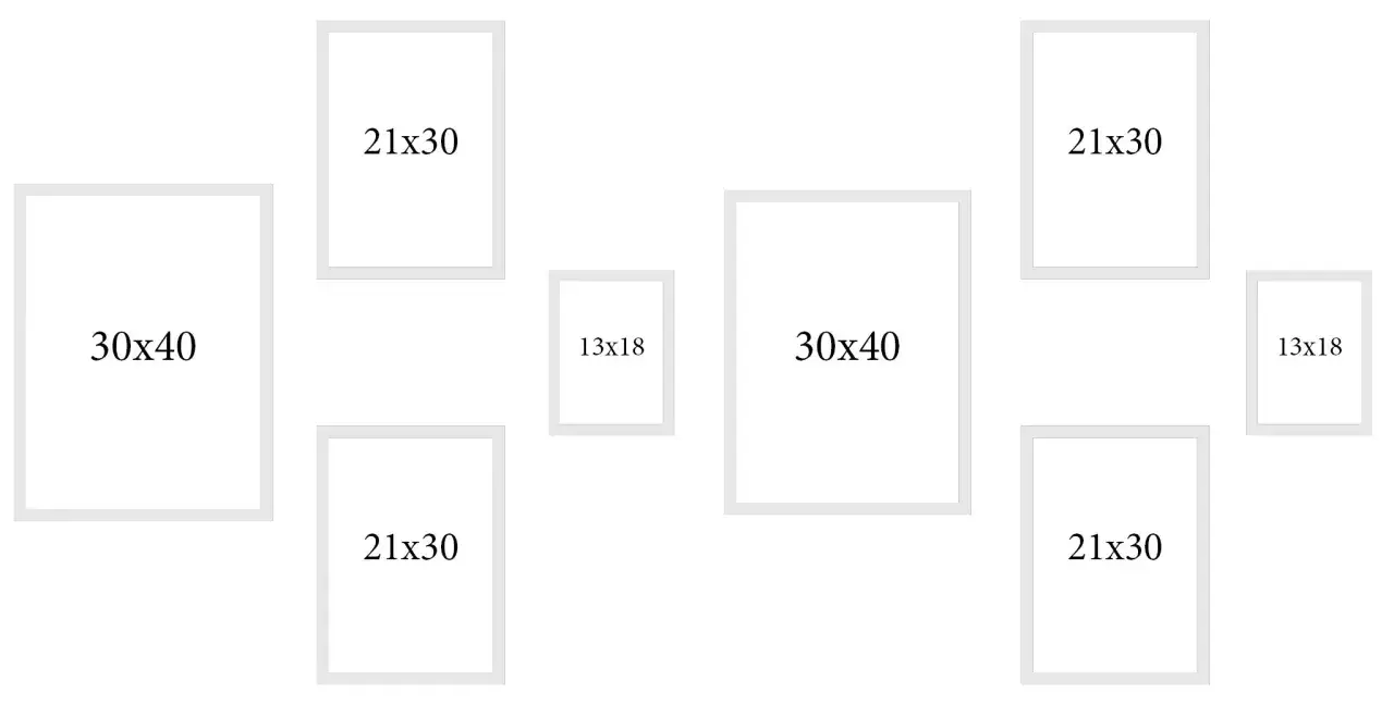 Kompozycja z ramkami o różnych rozmiarach: dwie 30x40, cztery 21x30 i dwie 13x18.