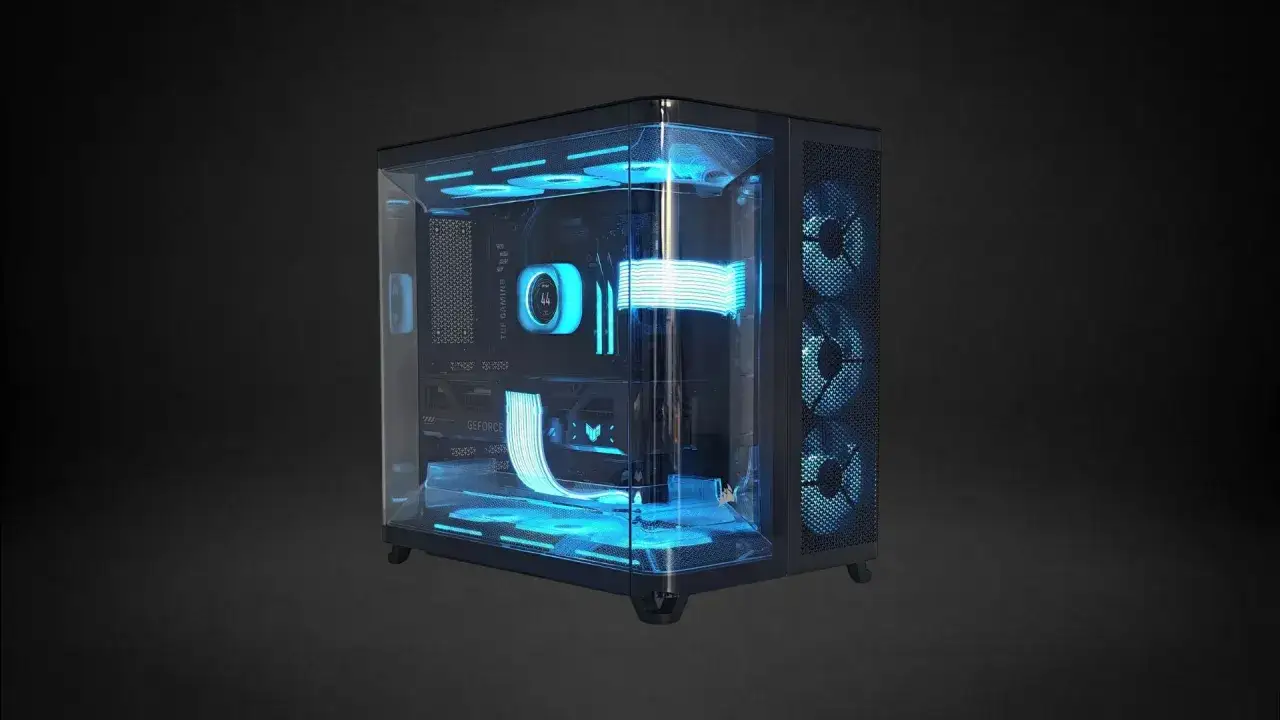 Leuchtender Gaming-PC mit blauen LEDs, perfekt für die Destiny 2 Systemanforderungen.