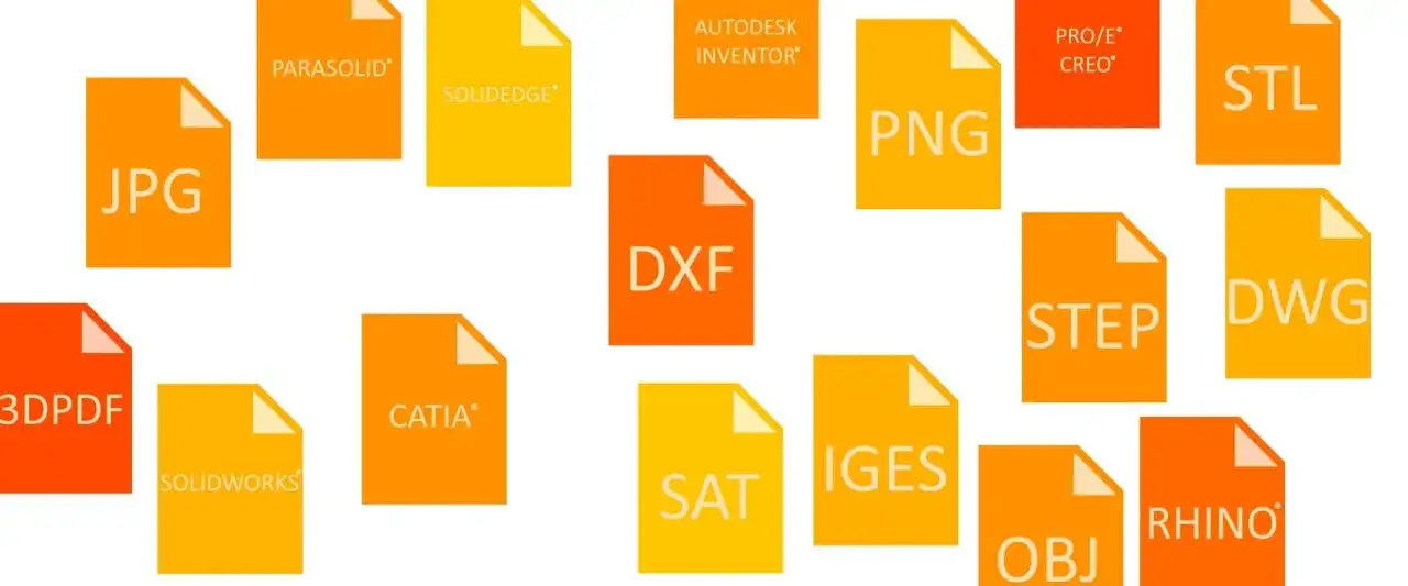 R&oacute;żne ikony plik&oacute;w, w tym JPG, DXF, STEP, STL, DWG, PNG, IGES, OBJ, 3DPDF, CATIA, SOLIDWORKS, AUTODESK INVENTOR, PARASOLID, PRO/E CREO, RHINO, SAT.