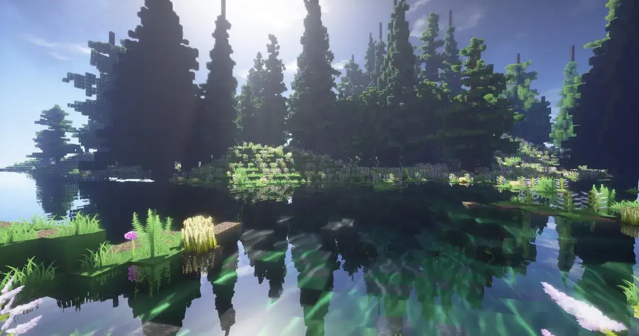 Piękny las z Minecraft, gdzie seus shaders tworzą niesamowite odbicia w wodzie.