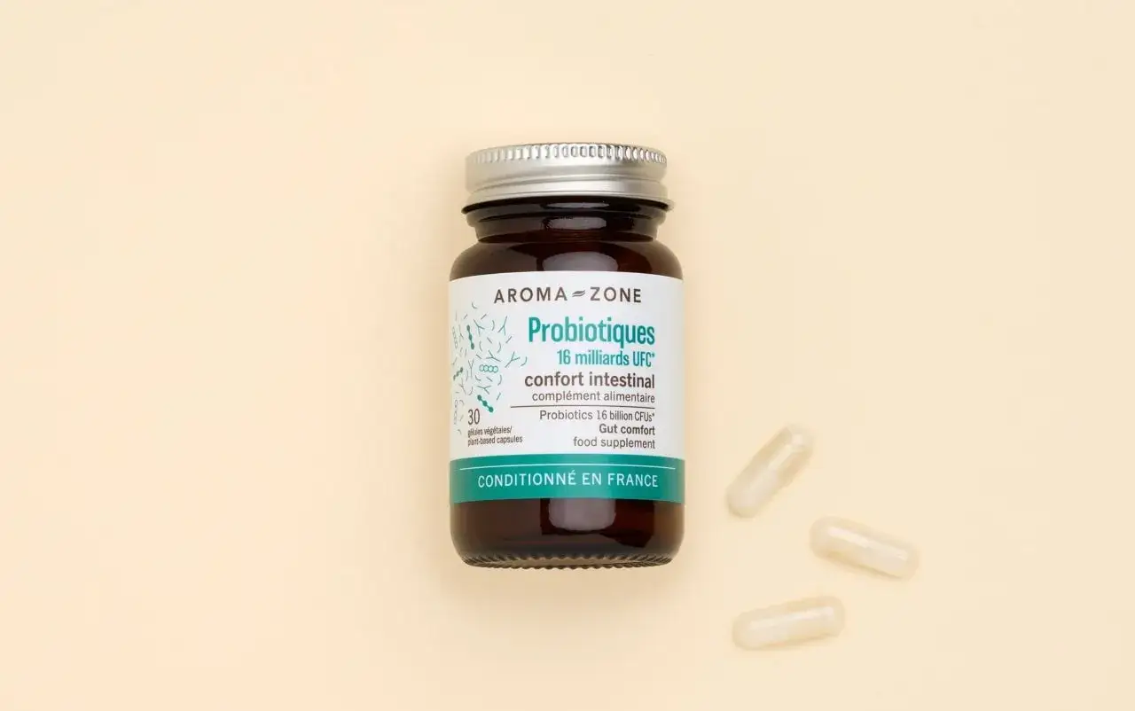 Flacon de probiotique estomac Aroma-Zone, 30 gélules pour le confort intestinal.