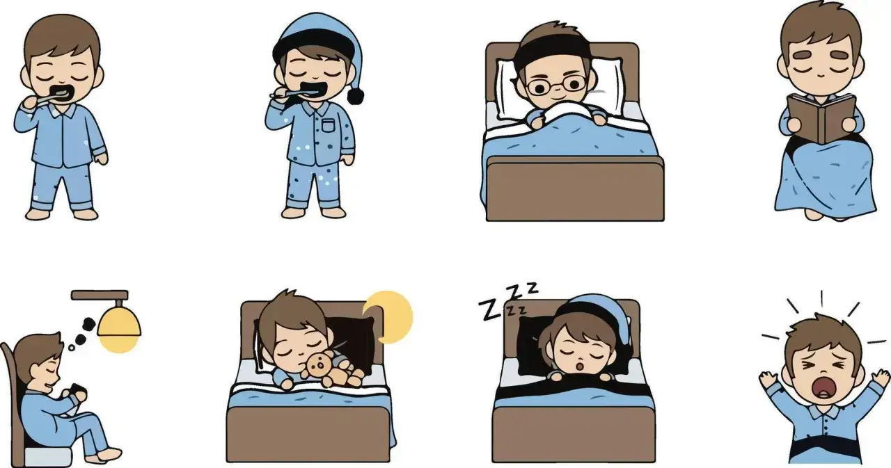 Barn i pyjamas borstar tänder, läser, sover med nalle, och vaknar. Hur många timmar ska en 6-åring sova? Bilden visar olika sömnscener.