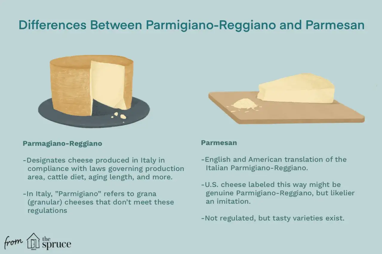 Ilustracja porównuje Parmigiano-Reggiano i ser Parmesan. Czy grana padano to parmezan? Obraz wyjaśnia różnice w produkcji i regulacjach.