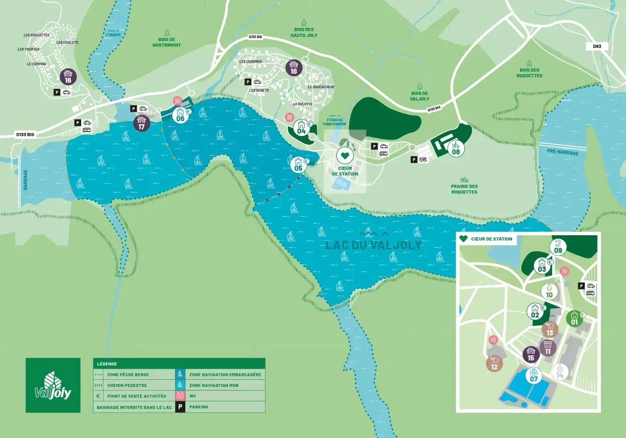 Carte du lac du Valjoly, avec des sentiers, des zones de navigation et des points d'intérêt. Un itinéraire idéal pour découvrir le val joly.