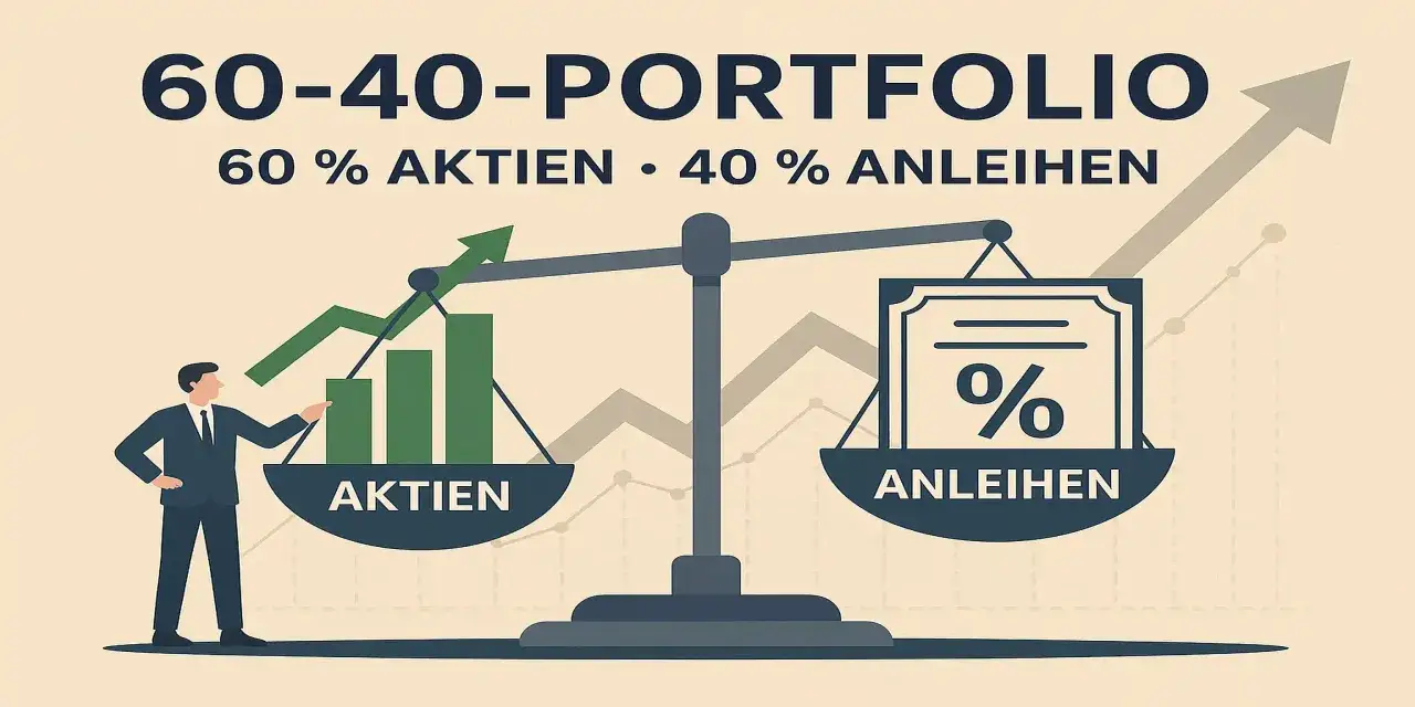 Ein Mann präsentiert ein 60-40-Portfolio: 60% Aktien, 40% Anleihen. Die Waage zeigt das Gleichgewicht zwischen Wachstum und Sicherheit.