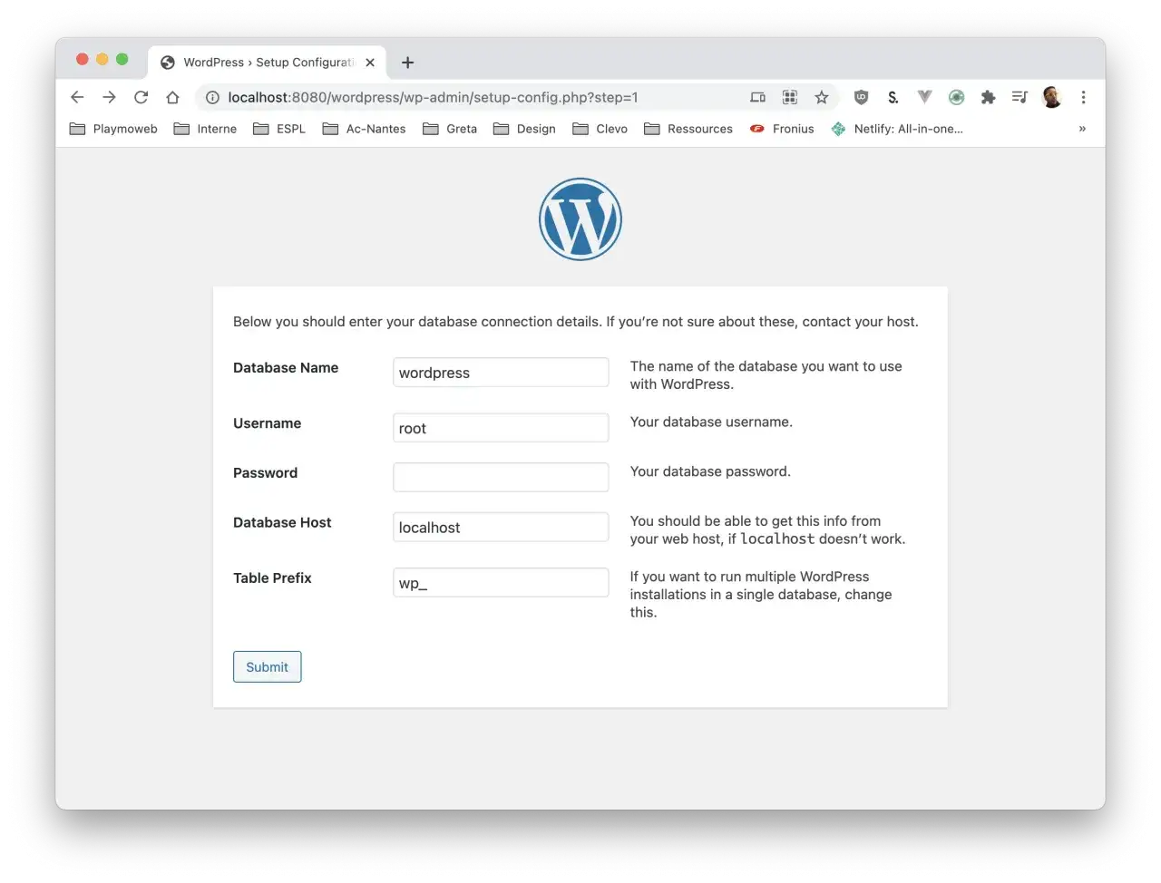 Configuration de l'installation WordPress : saisie des informations de connexion à la base de données.