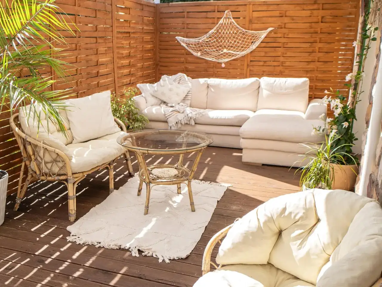 Gem&uuml;tliche Balkon Deko mit Rattanm&ouml;beln, einem bequemen Sofa und Pflanzen. Ein Netz mit Lichterkette sorgt f&uuml;r maritimes Flair.