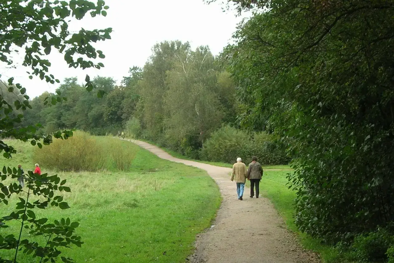 Zwei Personen spazieren auf einem Weg durch eine grüne Landschaft, die an die Stellinger Schweiz erinnert.