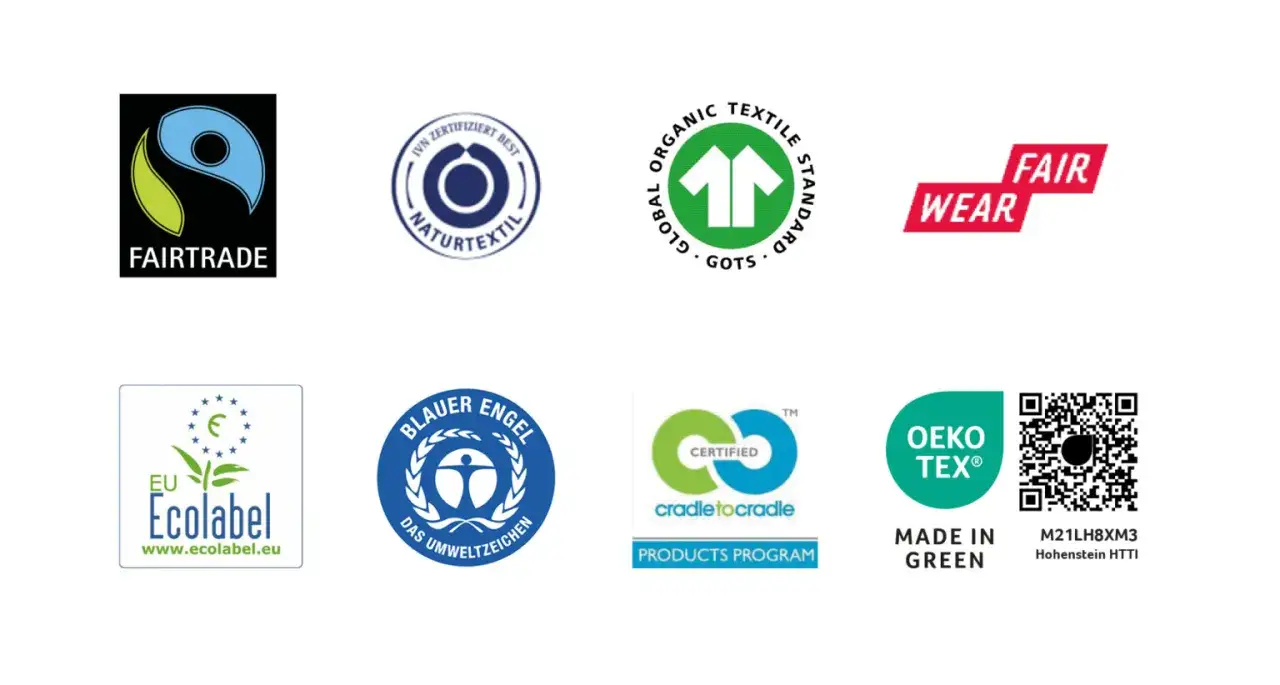 Siegel f&uuml;r nachhaltige kleidungsmarken: Fairtrade, Naturtextil, GOTS, Fair Wear, EU Ecolabel, Blauer Engel, Cradle to Cradle, OEKO-TEX Made in Green.