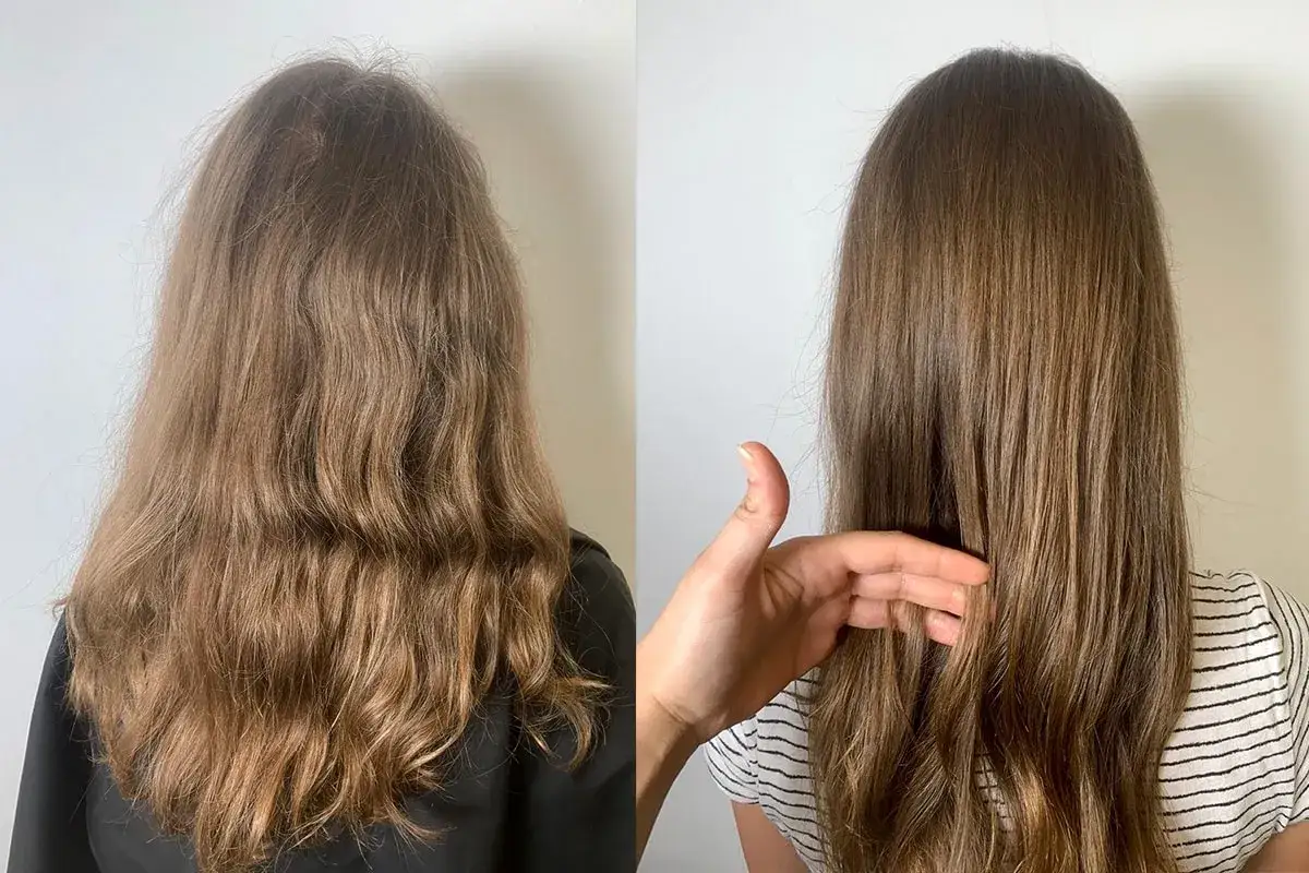 Vorher/Nachher-Vergleich: krauses Haar wird durch Keratin-Behandlung sichtbar glatter und gl&auml;nzender.