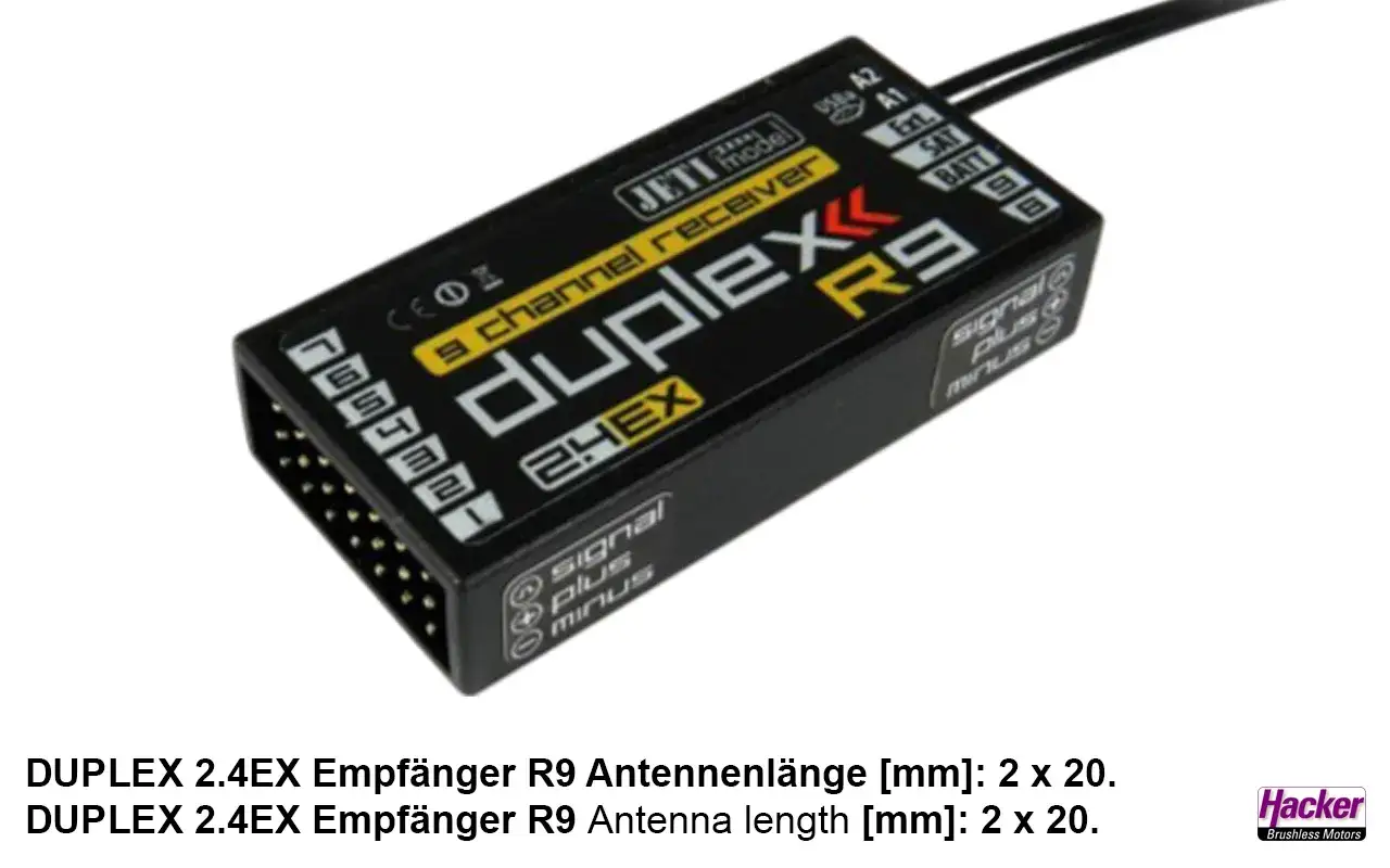 Jeti Duplex R9 9-Kanal Empf&auml;nger mit zwei Antennen. Ideal f&uuml;r Modellbau.