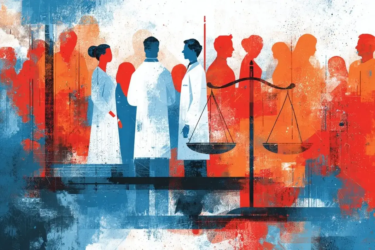 Balance de la justice face &agrave; des silhouettes de m&eacute;decins et de patients. Une sc&egrave;ne symbolique pour d&eacute;noncer un m&eacute;decin.