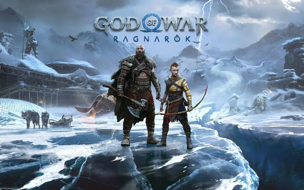 Kratos i Atreus stoją na lodzie, gotowi na przygodową grę akcji. W tle widać śnieżne góry i mityczne stworzenia.