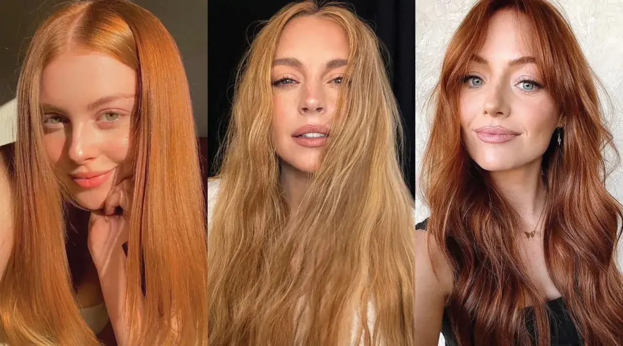 Tres mujeres con cabello color cobrizo dorado, cada una con un estilo &uacute;nico.