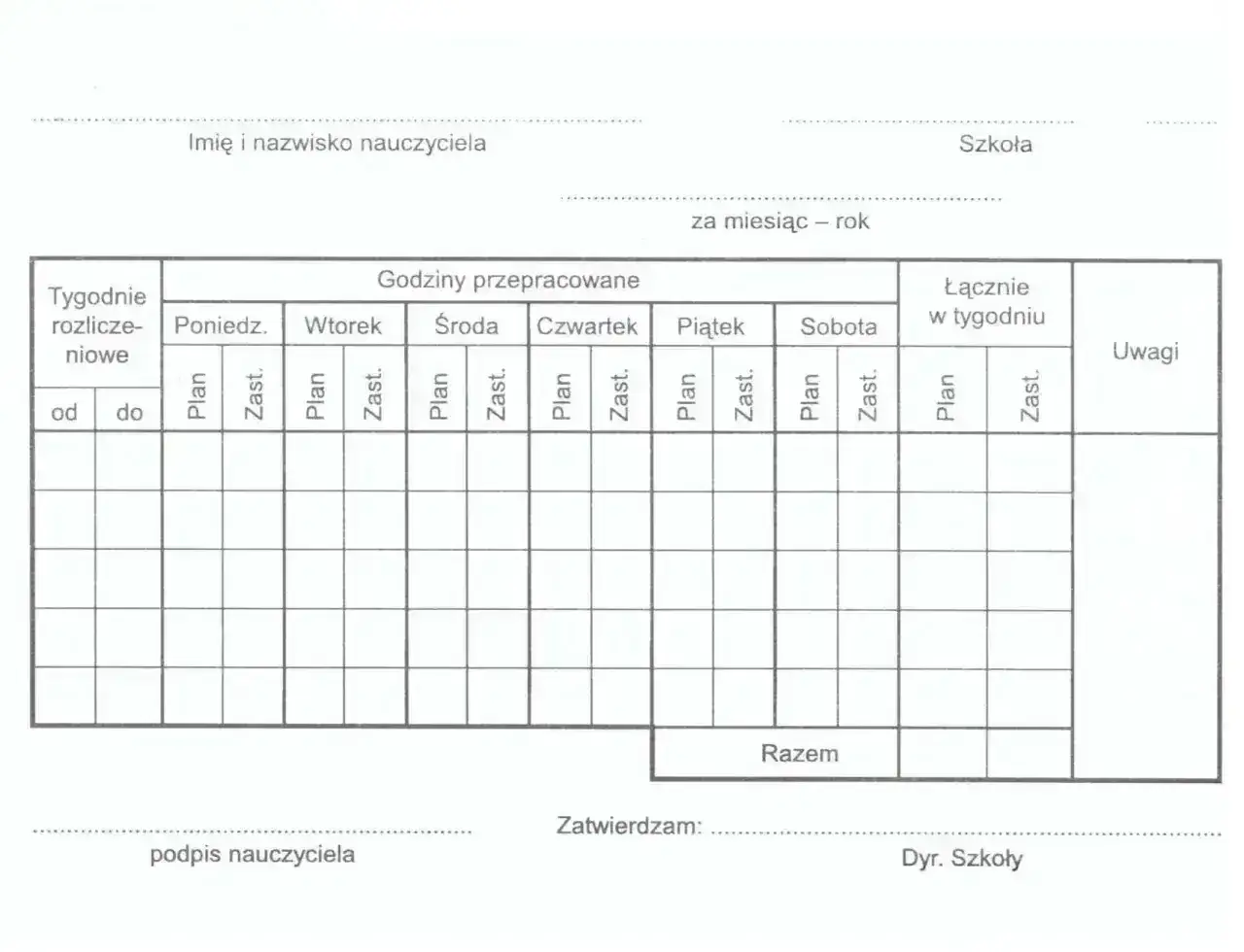 Formularz do rozliczania pensum nauczyciela, z podziałem na dni tygodnia i rodzaje zajęć (plan, zastępstwo).