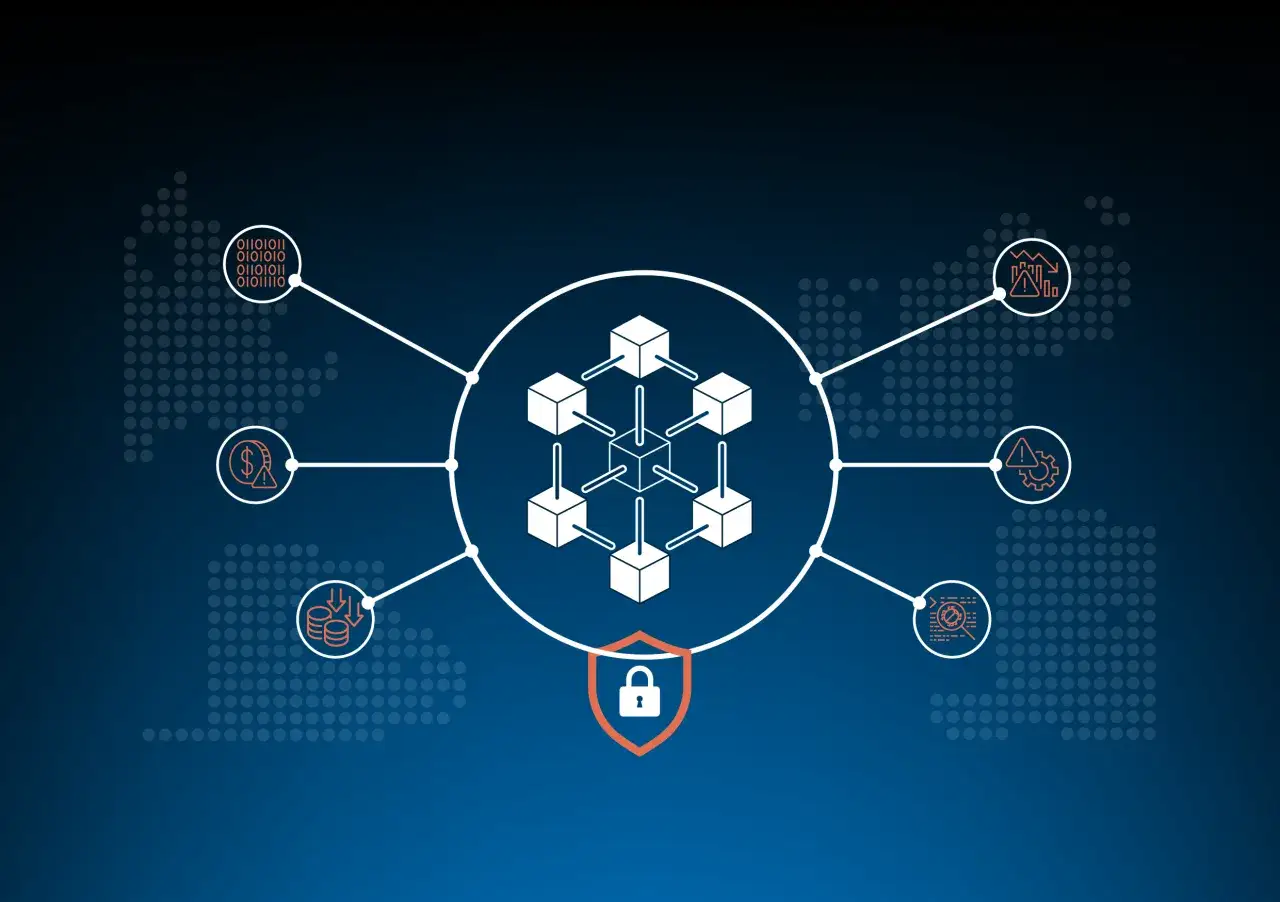 Grafika przedstawia koncepcję blockchain: połączone bloki danych, symbole bezpieczeństwa, finans&oacute;w i analizy.