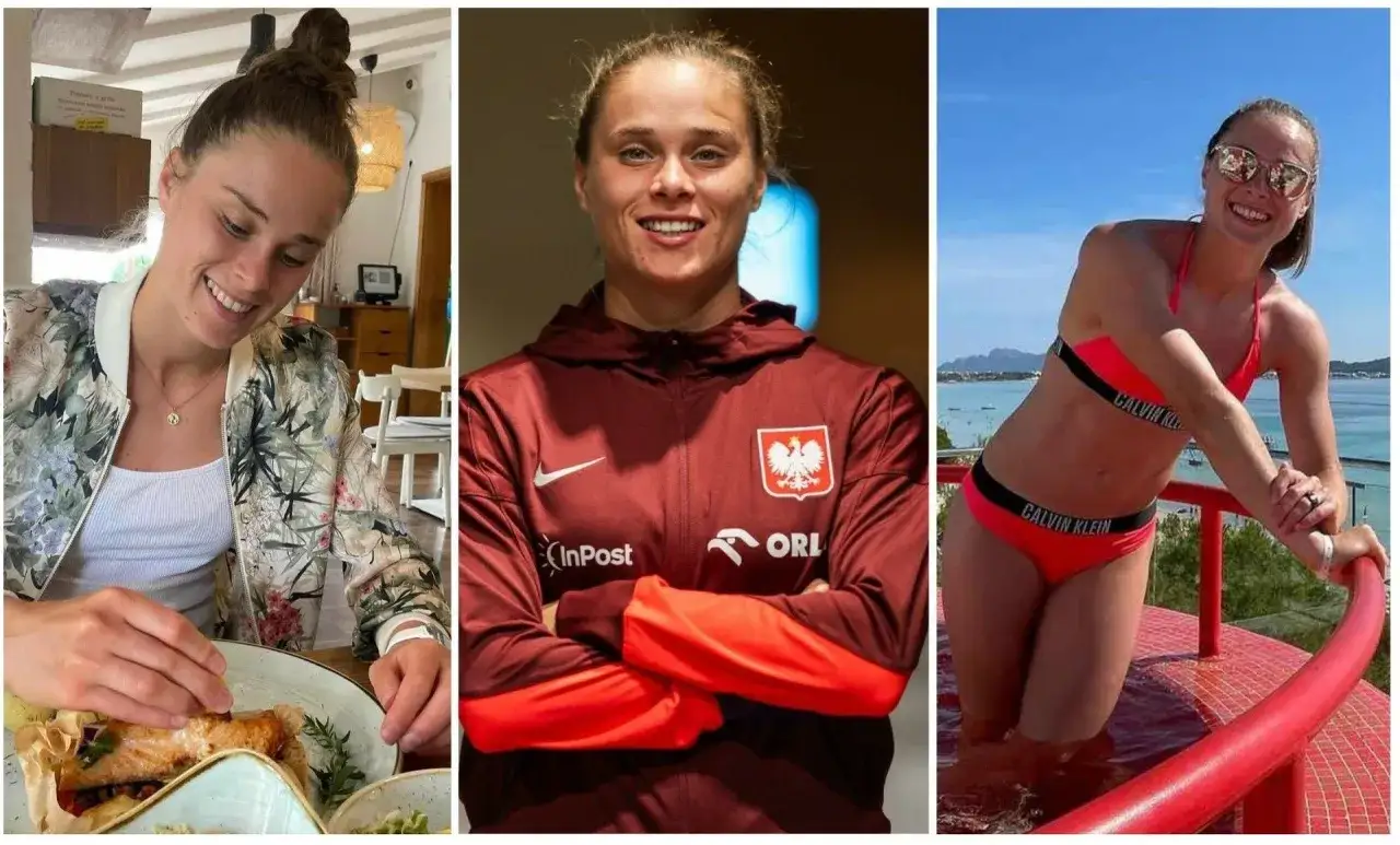 Ewa Pajor, uśmiechnięta w trzech odsłonach: przy posiłku, w dresie reprezentacji Polski i w bikini.