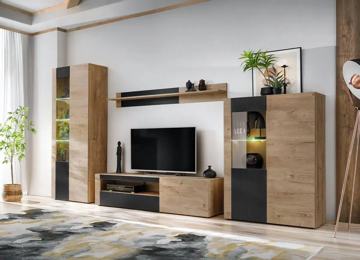 Un salon moderne avec un meuble TV DIY en bois clair et noir, une t&eacute;l&eacute;vision, des &eacute;tag&egrave;res et des &eacute;l&eacute;ments d&eacute;coratifs.