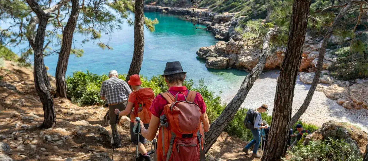 A group of hikers, including a walking turkey, trek down a path towards a beautiful turquoise bay.