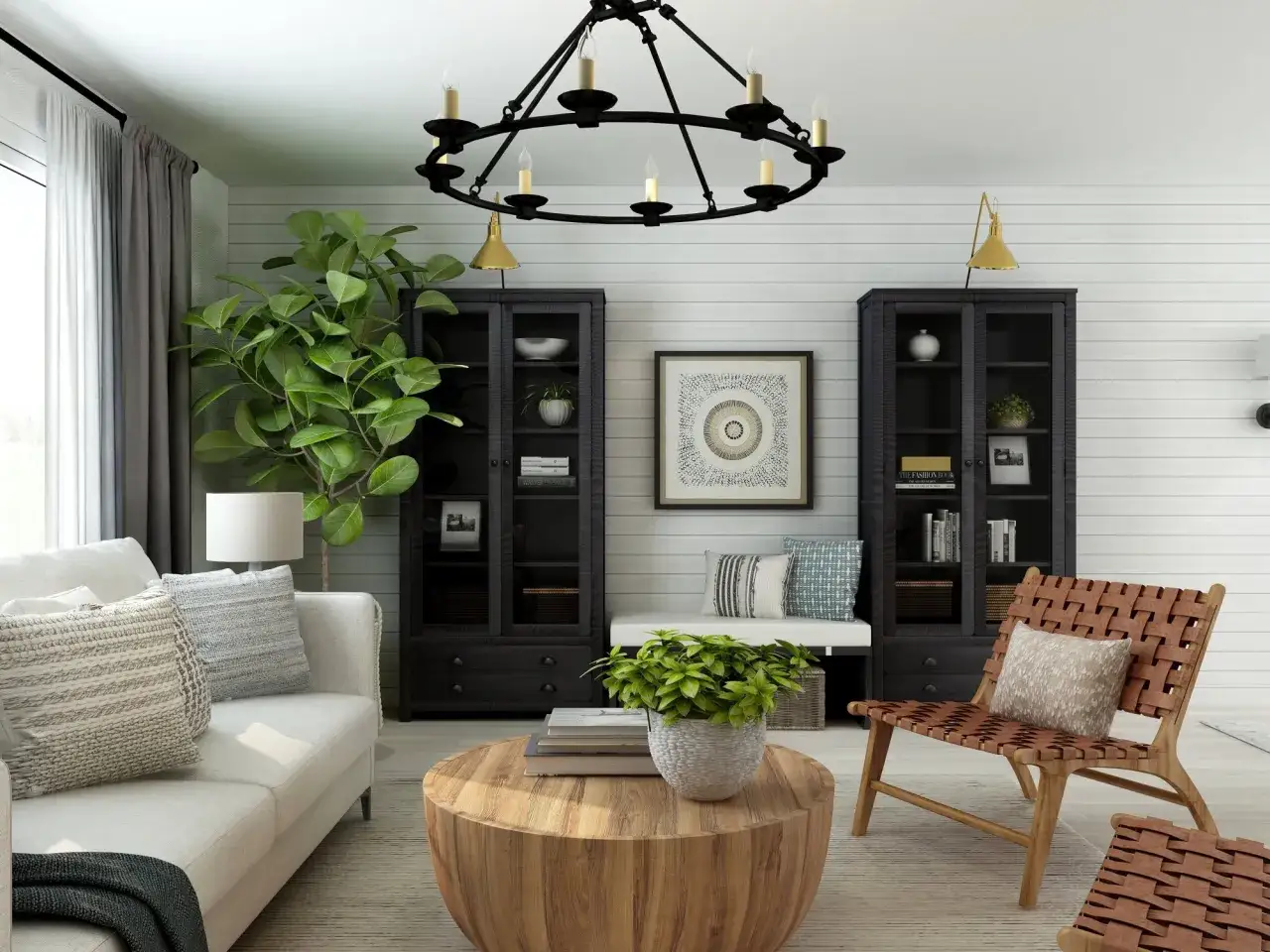 Acogedor salón blanco y madera oscura con sofá, mesa de centro de madera, sillón de cuero y plantas.