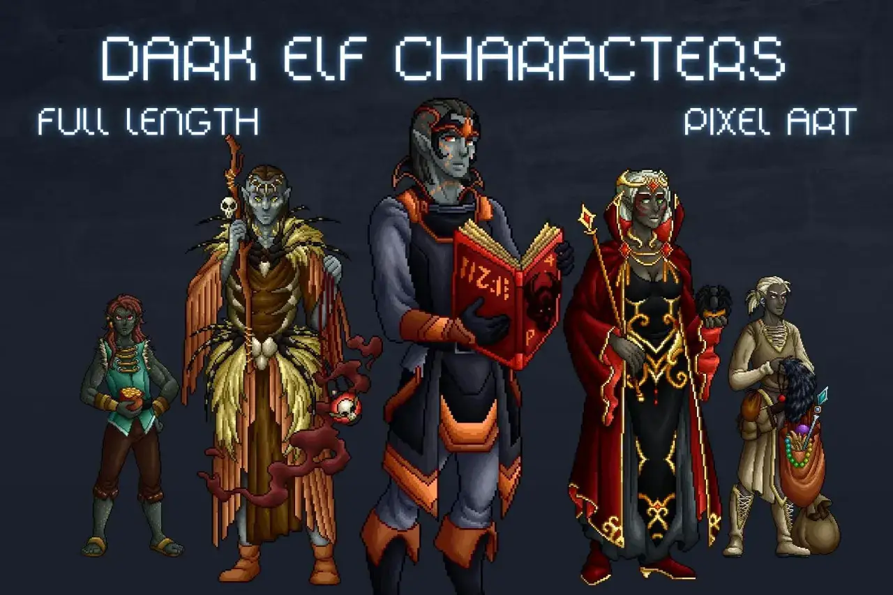 Zestaw postaci dark elf w pixel art: wojownik, mag z księgą, królowa i łowczyni.