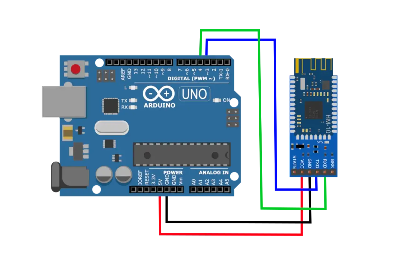 Schema di collegamento tra Arduino Uno e modulo HM-10 per comunicazione **arduino bluetooth**.