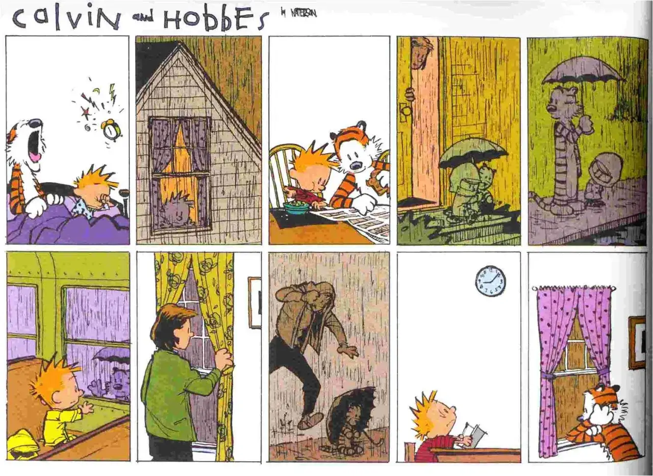 Calvin e Hobbes, tra pioggia e sveglie, vivono le loro avventure. Il piacer figlio d'affanno, a volte, è solo un libro letto al caldo.