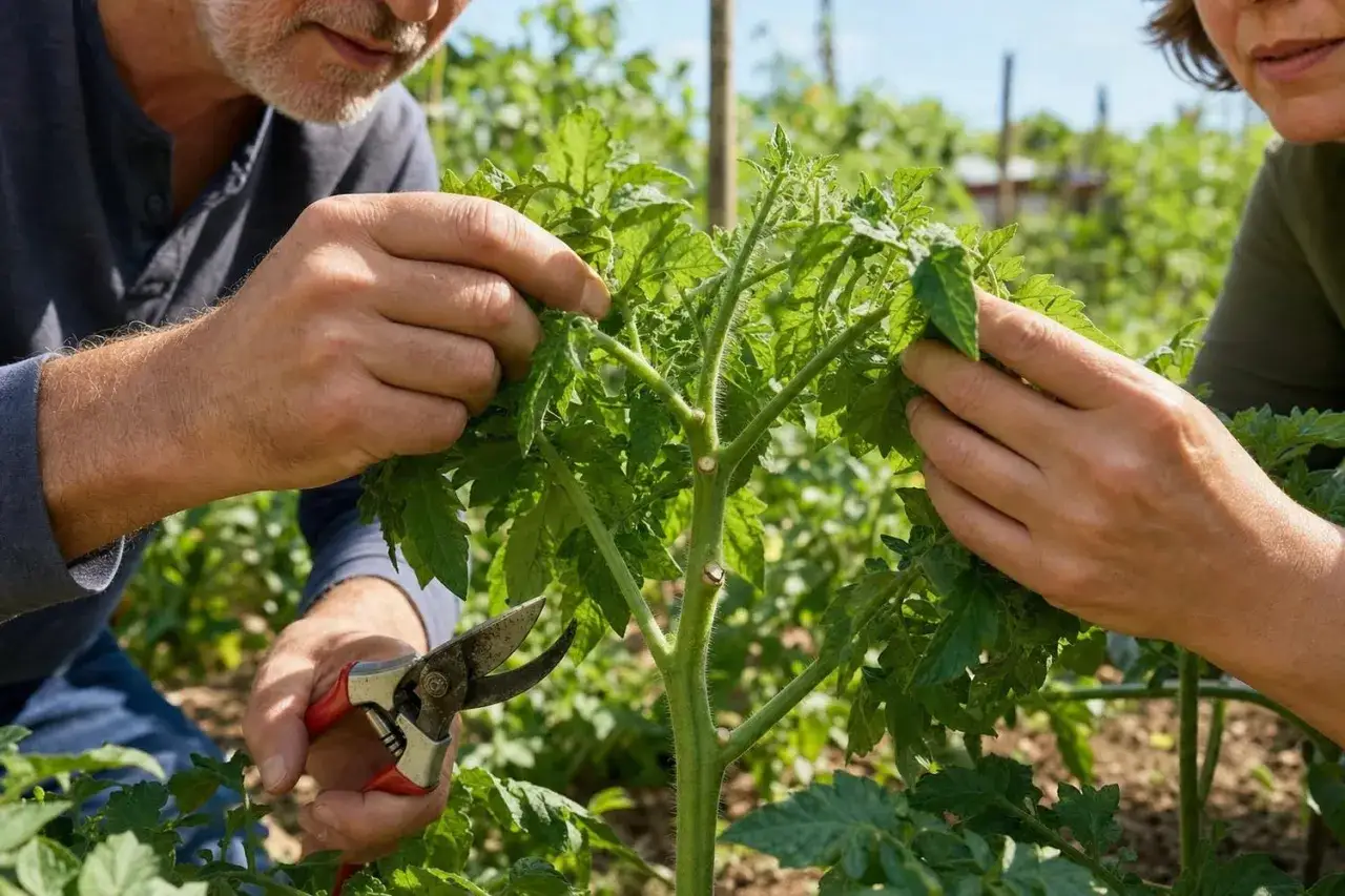 Deux mains s'occupent d'une plante de tomate, l'une tenant un s&eacute;cateur, l'autre effeuillant. Pr&eacute;paration pour la r&eacute;colte.