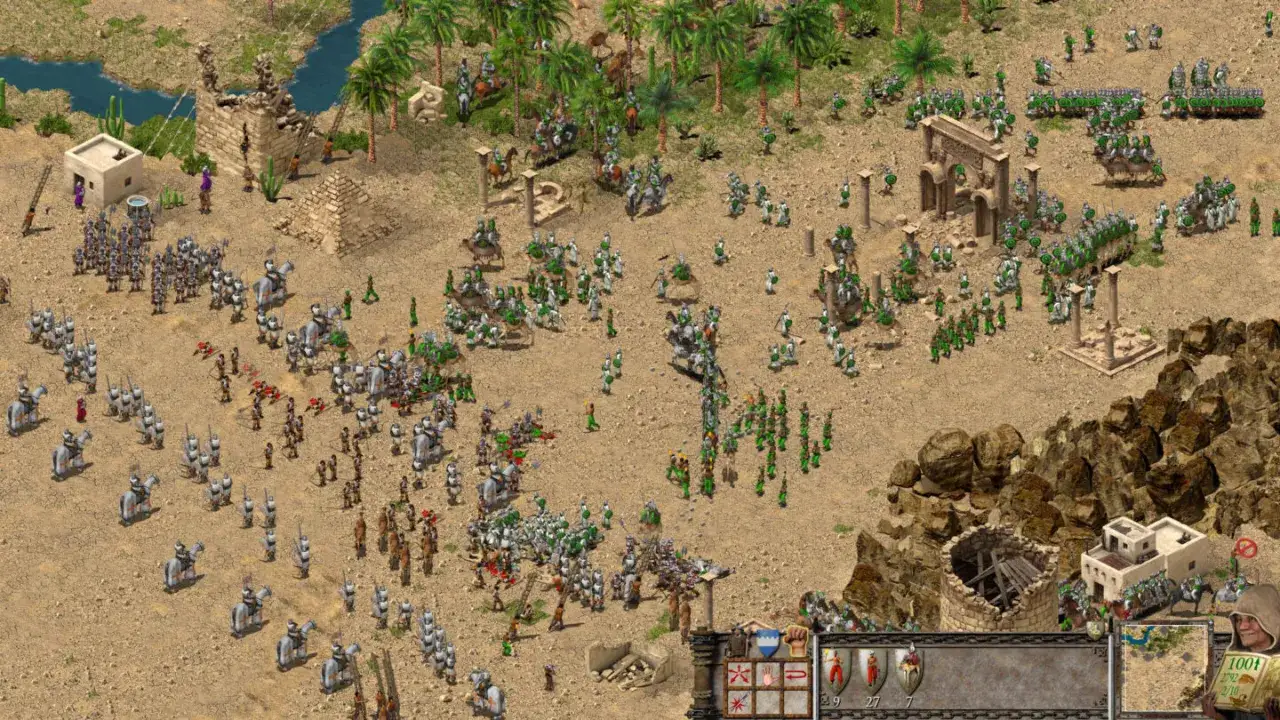 Schlachtfeld in mittelalter spiele: Ritter auf Pferden und Soldaten in R&uuml;stungen k&auml;mpfen in einer W&uuml;stenlandschaft mit Palmen und Ruinen.