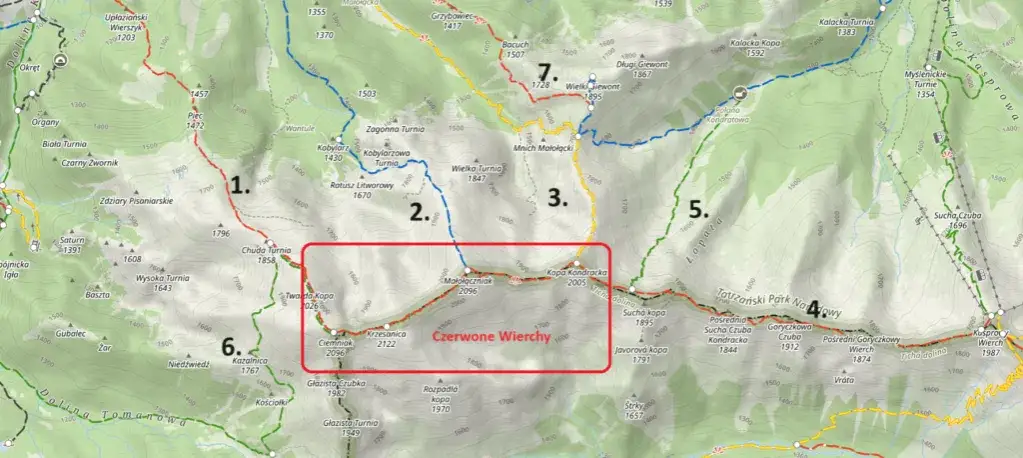 Mapa szlaków Czerwone Wierchy Tatry Zachodnie