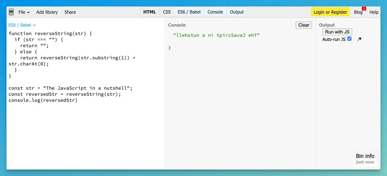 Kod JavaScript odwracający ciąg znak&oacute;w. Widoczny jest kod funkcji reverseString i jej wywołanie, a także odwr&oacute;cony tekst w konsoli.