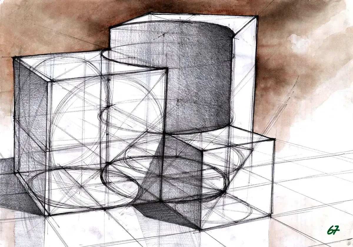 Szkic geometrycznych brył, ćwiczenie z perspektywy dla studentów architektury.