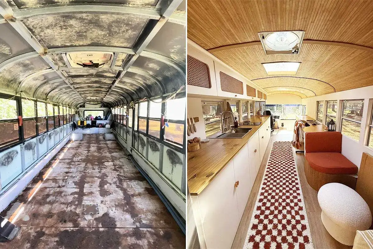 Avant/apr&egrave;s : un bus am&eacute;nag&eacute; en habitation confortable, avec cuisine, coin repas et banquette.