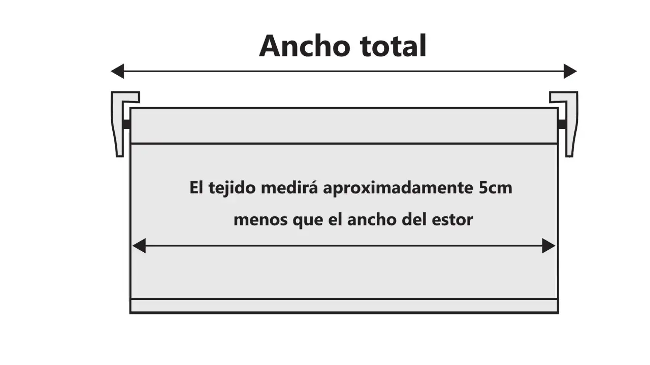 Gu&iacute;a para como medir estores: el ancho del tejido es 5cm menor que el ancho total del estor.