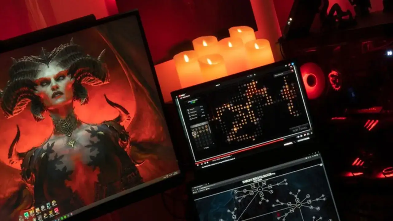 Na monitorach widać Lilith z Diablo 4 i kalkulatory umiejętności. Sprawdzam diablo 4 wymagania, by zanurzyć się w mrocznym świecie gry.