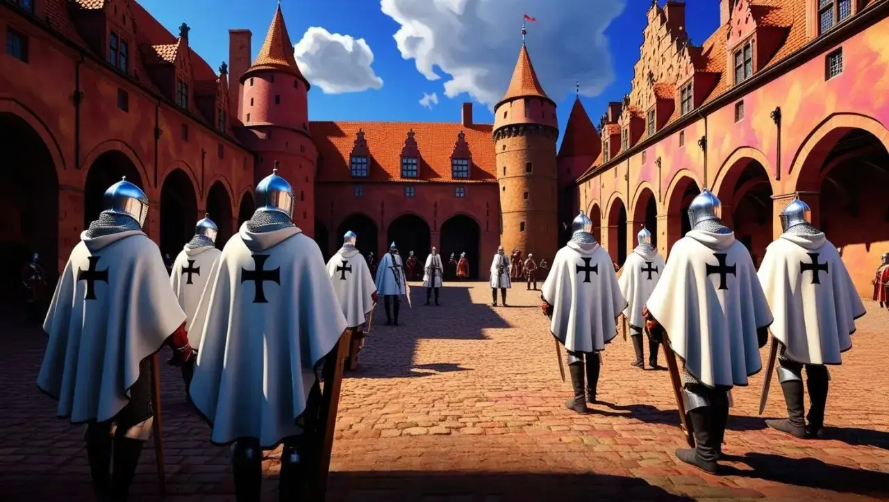 Rycerze w białych płaszczach z czarnymi krzyżami, jak krzyżacy, maszerują dziedzińcem zamkowym.