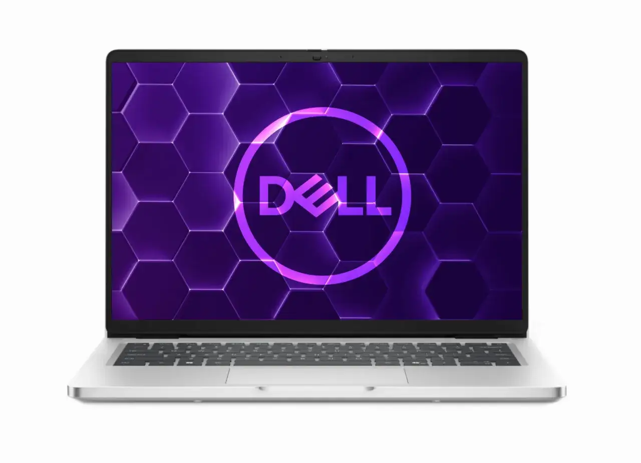 Srebrny ultrabook z logo Dell na fioletowym tle z heksagonalnym wzorem. Idealny do pracy i rozrywki.