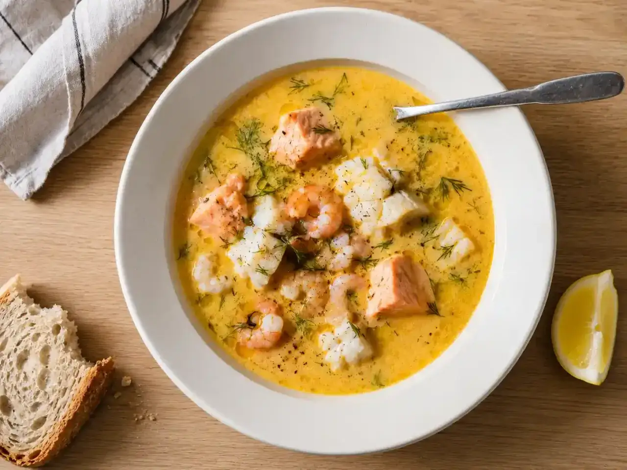 En krämig fisksoppa med lax, torsk och räkor, perfekt för ett mysigt fisksoppa recept. Serveras med bröd och citron.