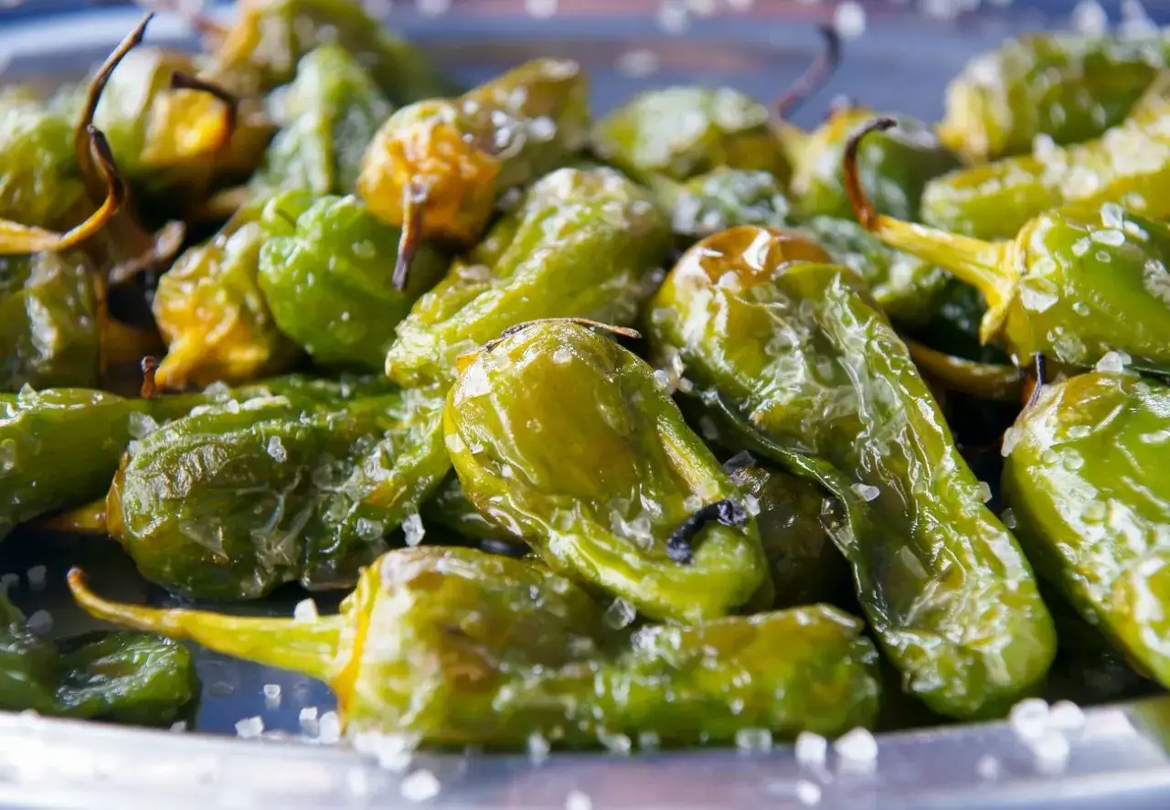 Pimientos de Padr&oacute;n reci&eacute;n fritos, brillantes y salados, listos para disfrutar.