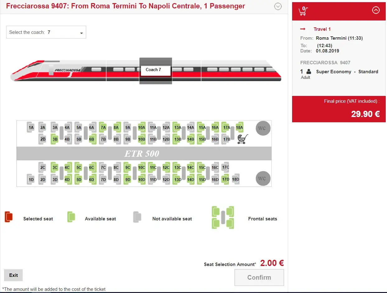 Wybierasz miejsce w pociągu Frecciarossa, aby kupić bilet na pociąg we Włoszech. Widzisz schemat wagonu 7 z dostępnymi i zajętymi miejscami.