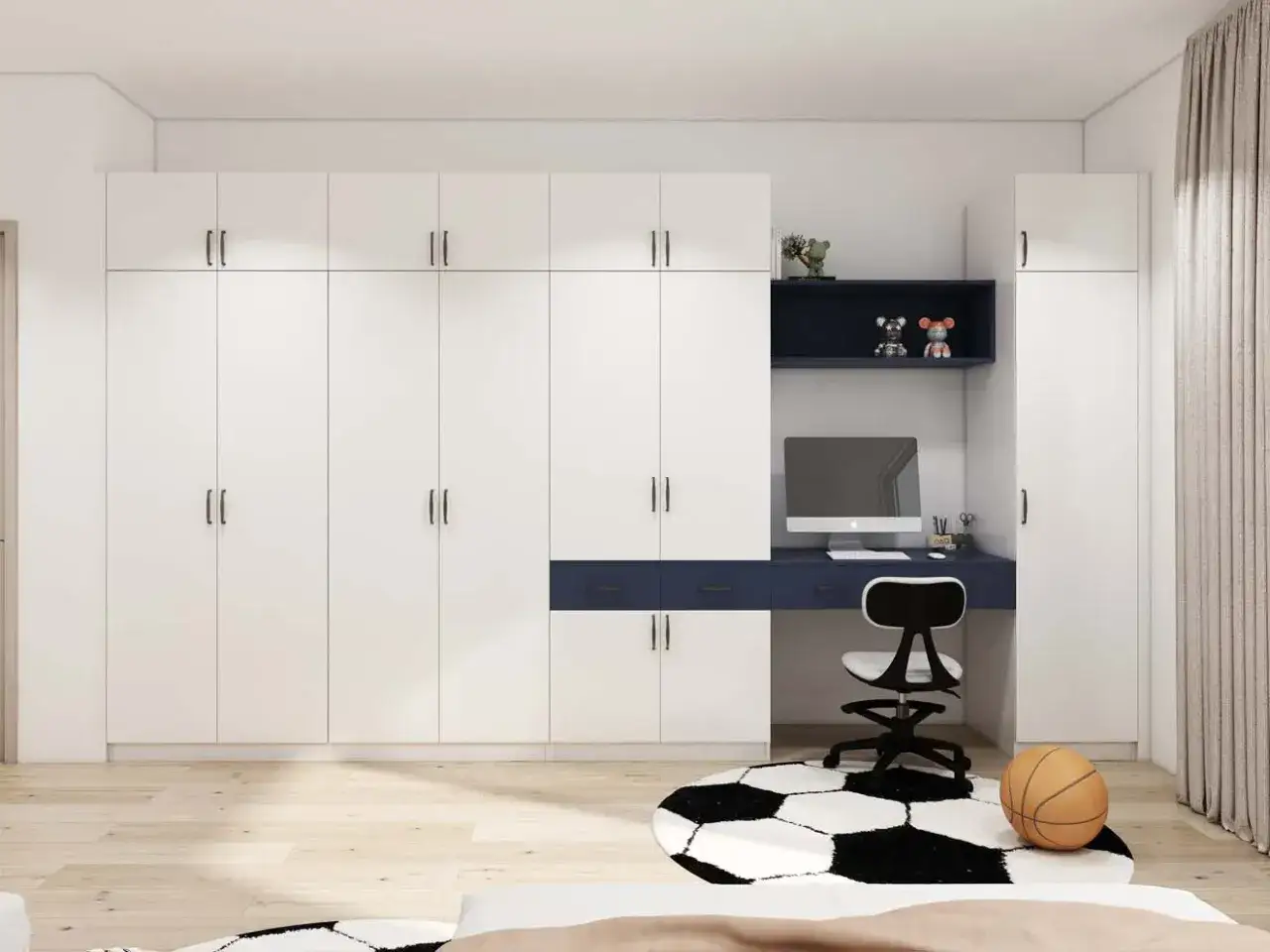 Armarios blancos modernos con escritorio azul integrado. Ideas para organizar armarios por dentro, con espacio para estudio y juegos.