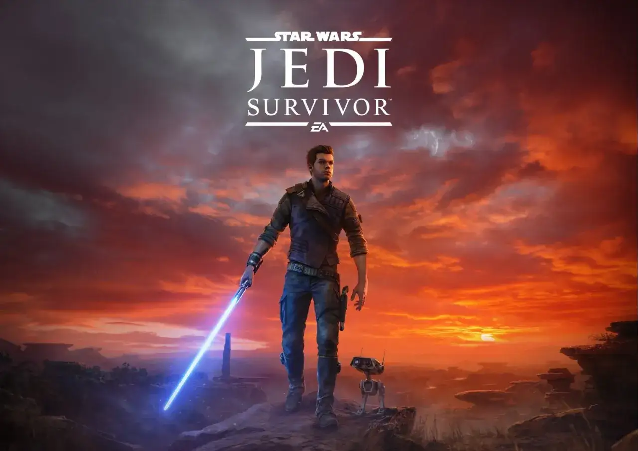 Cal Kestis, bohater gry Star Wars Jedi: Survivor, z mieczem świetlnym w dłoni i droidem BD-1 u boku, stoi na tle zachodzącego słońca.