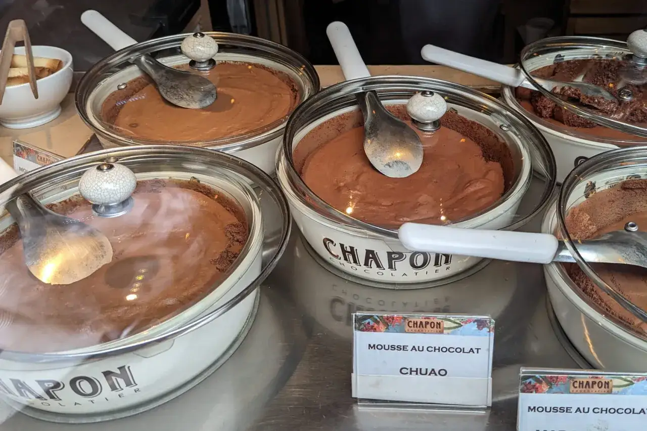 Mousses au chocolat on display at Chapon, Paris. Des pots de mousse au chocolat, pr&ecirc;ts &agrave; &ecirc;tre d&eacute;gust&eacute;s.