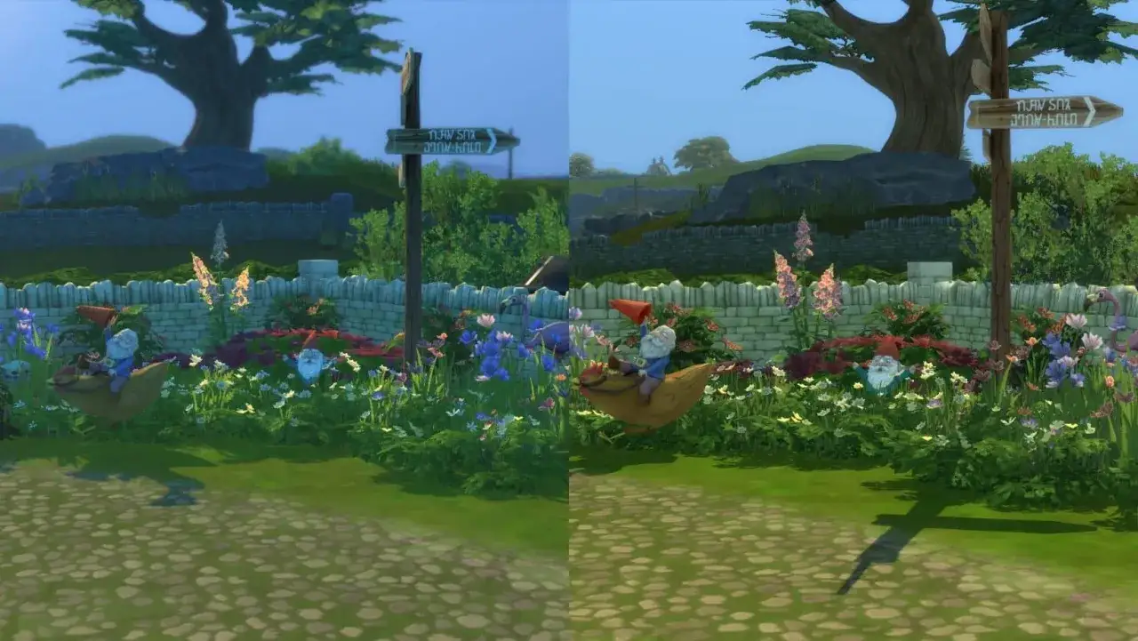 Porównanie grafiki w Sims 4: po lewej z ciemniejszymi cieniami, po prawej z jaśniejszymi, dzięki Sims 4 shaders. Krasnale na kurczakach.