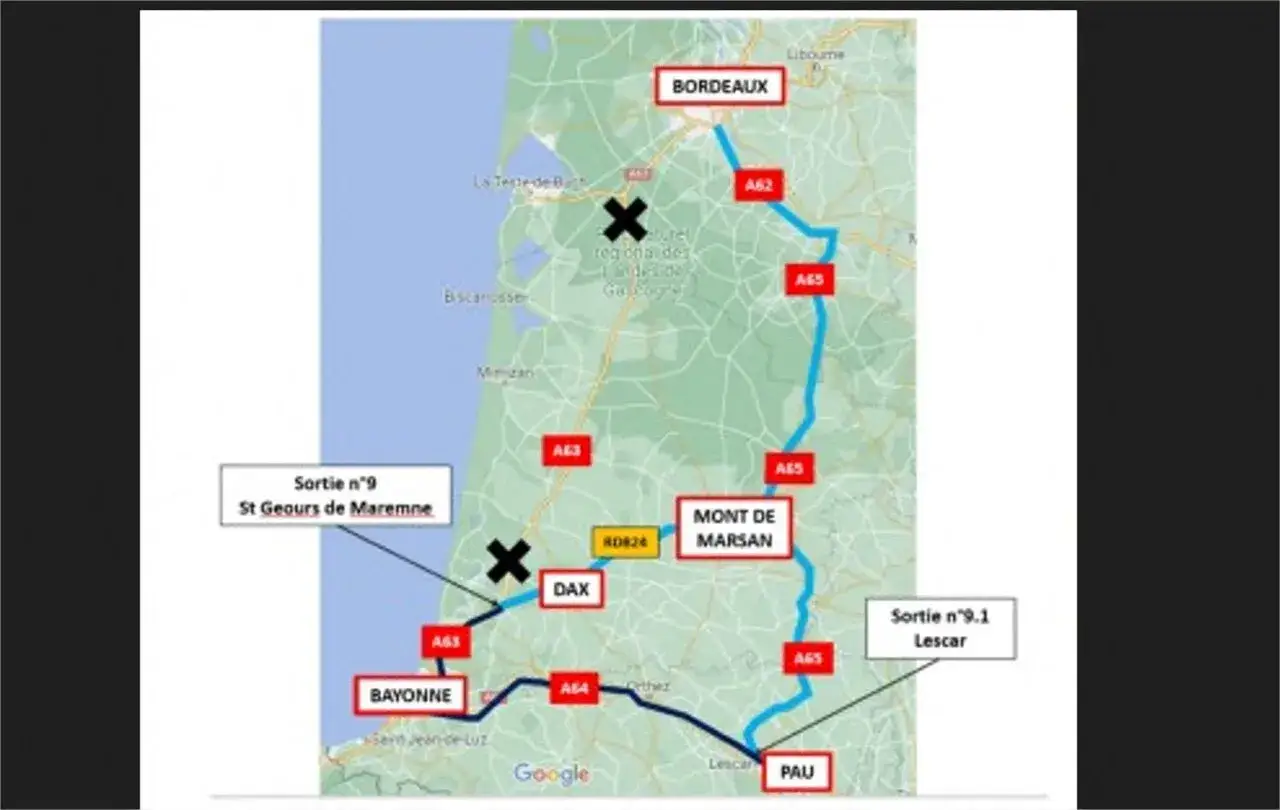 Carte routière de la région Nouvelle-Aquitaine, montrant un itinéraire de Bordeaux à Pau via Mont-de-Marsan, avec les sorties 9 et 9.1 indiquées.